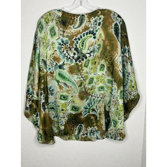 Chicos Silk Poncho Top S/M Green Paisley Animal Print Artsy Lightweight Beaded - Picture 2 of 12